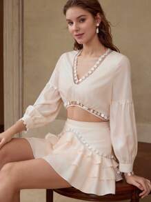 MOTF CONTRAST MESH CROP TOP & RUFFLE SKIRT - Apricot - View 1