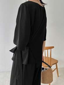 FRIFUL 2pcs Women Set: Cinched Waist T-Shirt And Pants - Black - View 4