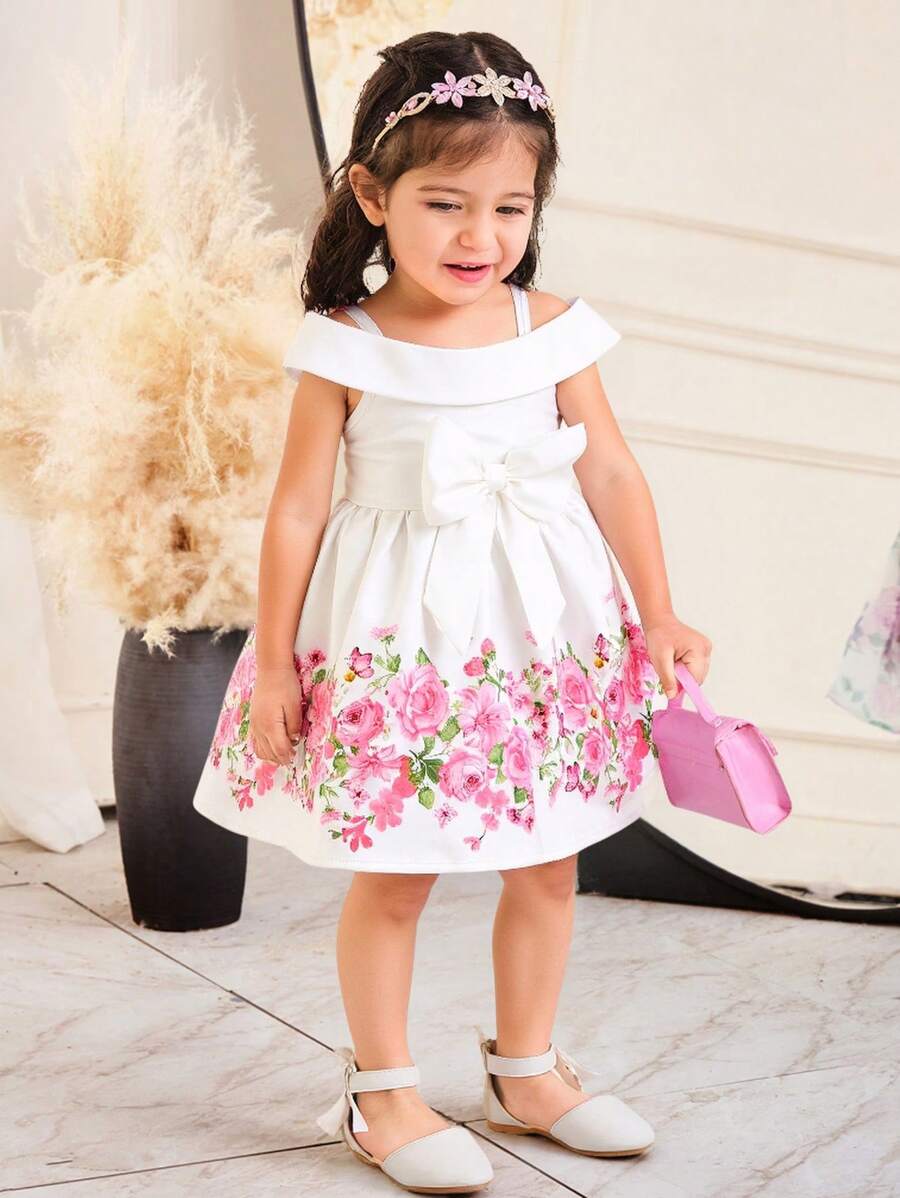SHEIN Baby Girl Cute Floral Print Sleeveless Dress, Summer - White - View 1