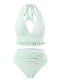 SHEIN Swim 2 piezas Conjunto de bikini de primavera para mujer, traje de baño con volantes, estilizador y favorecedor para resort de primavera - verde menta - Ver 5