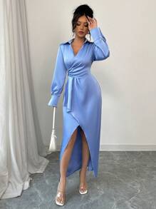 Elenzga 女士优雅通勤休闲舒适假日 V 领不对称腰带纯色缎面设计长裙 - 藍色 - 查看 5
