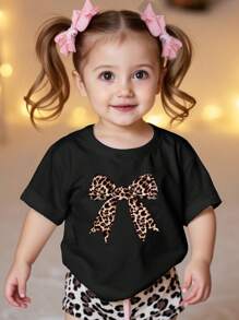 SHEIN Leap Crew Baby Girl Casual Short Sleeve Round Neck Top, Suitable For Summer - Black - View 1