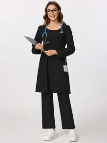 TaskEZ Women's Solid Color Round Neck Long Sleeve Pocket Top And Trousers, Scrub Uniform Set - Black - View 4