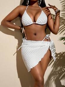 Slaydiva مجموعة بكيني مكونة من 3 قطع تتضمن تنورة وسترة رقبة عنقي ذات لون أبيض ناصع مزخرف باللؤلؤ للاستخدام في شاطئ الصيف والعطلات - أبيض - مشاهدة 3