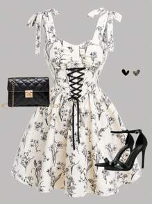 Girlism Teen Girls' Floral Line Print Ruched Cross Tie Bow V-Neck Waist Summer Holiday Dress - Black - View 1