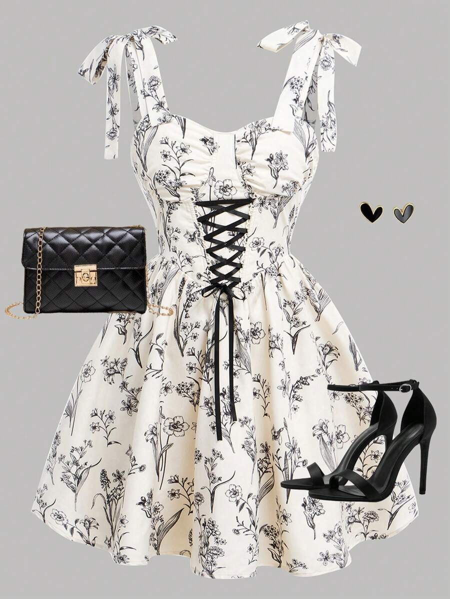 Girlism Teen Girls' Floral Line Print Ruched Cross Tie Bow V-Neck Waist Summer Holiday Dress - Black - View 1