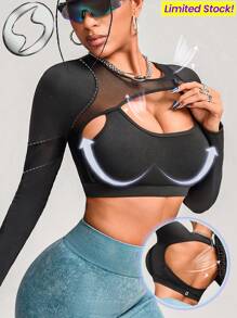 Innovista Innovista T-shirt de sport à manches longues pour femmes, noir, été, sexy, gym, dos ajouré sans dos, push-up, maille respirante, top court ajouré, tenue d'entraînement Dry Fit - Noir - Voir 2