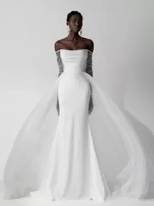 Elitara Elegant Luxurious Bubble Bead Design Long Sleeve Jacket With Detachable Mesh, Ruffled Mermaid Maxi Draped Train Wedding Dress, Suitable For Wedding, Party, Prom, Honeymoon,Bride