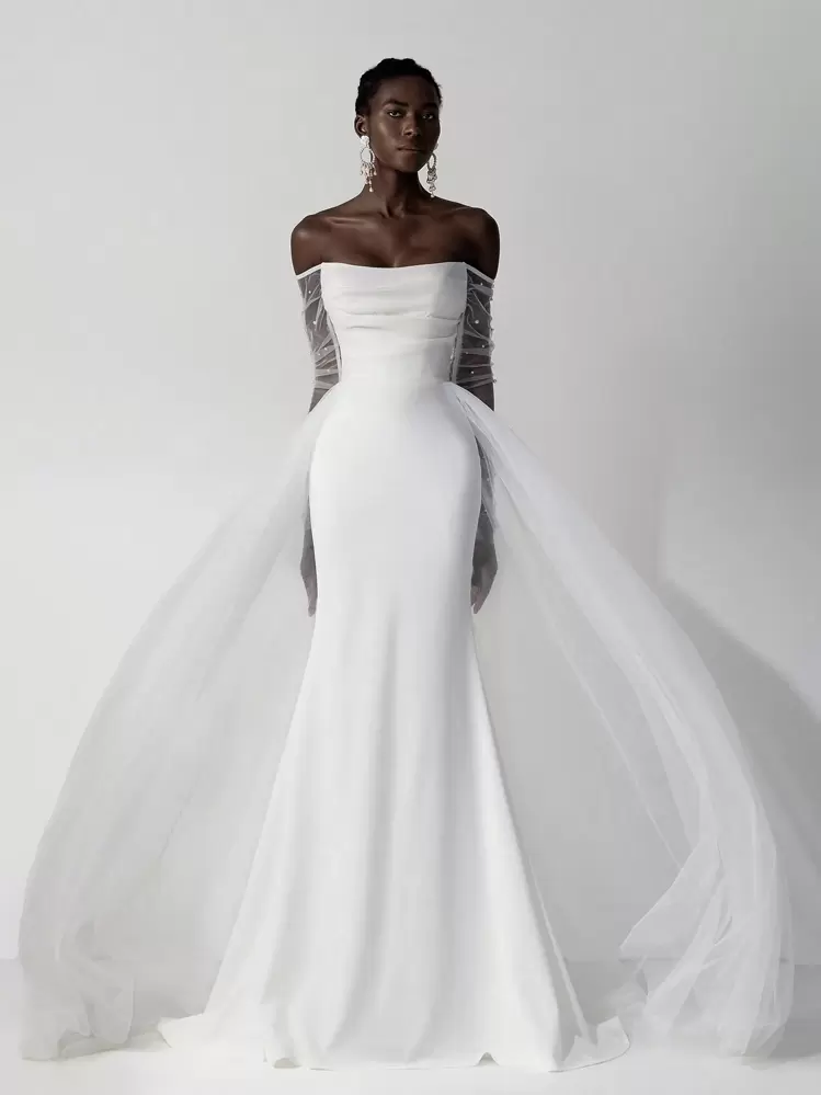 Elitara Elegant Luxurious Bubble Bead Design Long Sleeve Jacket With Detachable Mesh, Ruffled Mermaid Maxi Draped Train Wedding Dress, Suitable For Wedding, Party, Prom, Honeymoon,Bride - Beige - View 6