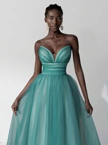 SHEIN Belle Elegante vestido de noche de tul verde bosque con escote con profunda abertura en V, detalles de lujo con cuentas y bajo asimétrico, con lazo ajustable en la espalda. Vestido de fiesta, invitada de boda, vestido formal, vestido de noche. - Verde - Ver 2