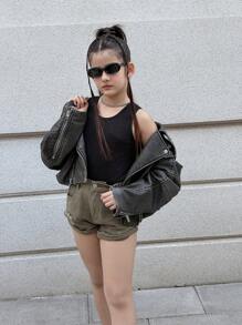 DENIMLY Tween Girl Boho 复古军绿色迷你牛仔短裤，全松紧腰带和经典五个口袋，破洞细节和卷起下摆牛仔短裤。西式风格，柔软。