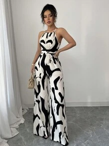 Elenzga Women's Print Fabric Ruched Jumpsuit With Halter Neck, Elegant For Holiday And Everyday Wear