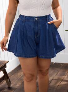 Breezaya Plus Size Women Loose Pockets A-Line Denim Shorts - Medium Wash - View 1