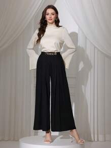 Modelyn Pantalones anchos y elegantes con decoración de cadena en la cintura para mujer