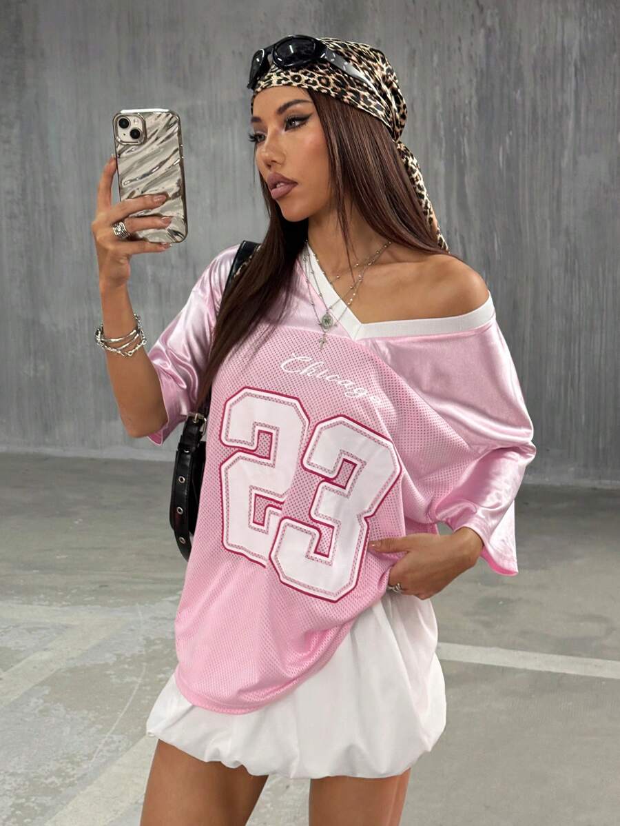 StreetHx Y2K 休闲运动超大数字印花网眼 T 恤，街头风格