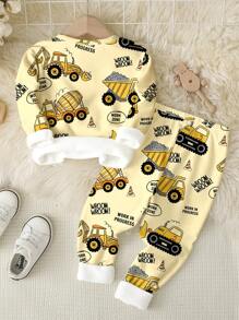 SHEIN Young Boy Casual Minimalist Snug Fit Long Sleeve Crew Neck Top And Pants Loungewear Set