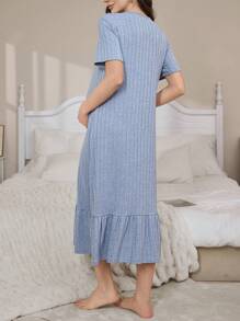 Casual V-Neck Single-Breasted Embroidered Letter Maternity Short Sleeve Loungewear Dress - Dusty Blue - View 2