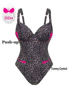 Swim DD+ DD Series Women Sexy Cheetah Print Push Up Hollow Out One Piece Swimsuit, Plażowe Letnie Stroje