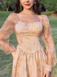 Modelyn Women's Tie Dye Print Sweetheart Collar Mesh Long Sleeve Elegant Mid-Length Dress Fall Cloth For Women