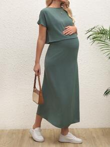 SHEIN 2 件套纯色短袖上衣和高腰长裙休闲孕妇时尚套装 - 灰色 - 查看 4