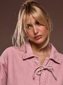 MUSERA Boxy Fit Collared Tie Bow Detail Long Sleeve Washed Denim Jacket Spring Street Style Cute Spring 90's