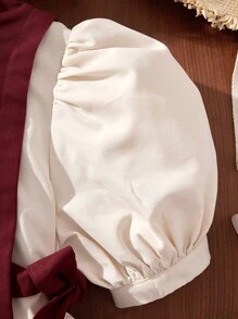 SHEIN Vestido informal de manga corta con cuello y amarre lateral en contraste de color para niñas preadolescentes - Burdeos - Ver 4