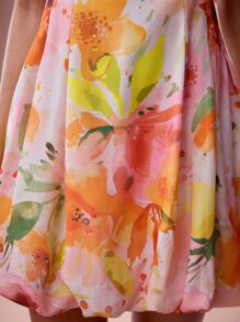 Enchnt Vestidos cortos de mujer con estampado floral, escote en V, mangas abultadas e imitación de lino, románticos y elegantes para el Día de San Valentín, vacaciones, citas dulces y uso diario - Naranja - Ver 3