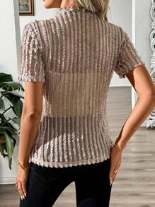 SHEIN Clasi Elegant Women's Khaki Short Sleeved Texture Perspective Mock Neck Slim Knit Tee