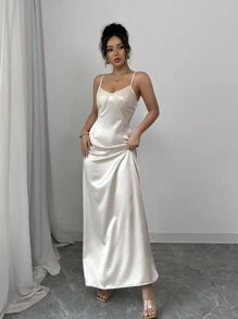 Selianne 亮片缎布拼布长款吊带裙 - 香檳色 - 查看 1