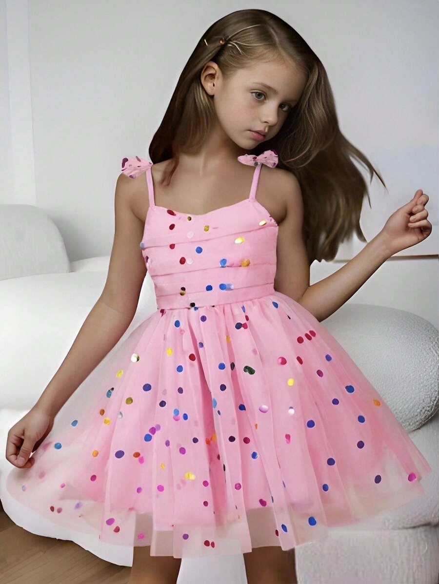 SHEIN Girls' Pink Mesh Polka Dots Princess Dress, Party Pageant Ball Gown Tulle Formal Dress Suitable For Birthday Party, Photoshoot, Outdoor Activities, Weddings (Fits 4-7Y Young Girl) - Pink - View 1