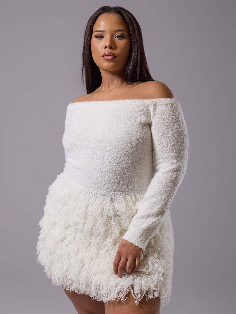 MUSERA Plus Off The Shoulder Knitted Mini Dress Outfit For Everyday, Casual, Break, Classy    Chic - Light Grey - View 1