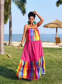 Slaydiva Plus Size 2025 New Vacation Casual Sleeveless Loose Solid/Rainbow Print Patchwork A-Line Dress For Summer