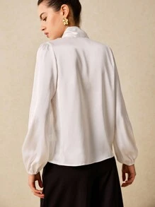 Poéselle Tie Neck Lantern Sleeve Blouse - White - View 5
