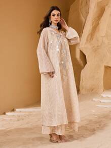 Al Najma Custom Made Premium Embroidered Fabric And Sequin Embroidery Elegant Luxury Women Dress, Kaftan & Jalabiya, Luxury Evening Dresses For Women - Apricot - View 7