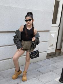 DENIMLY Tween Girl Boho 复古军绿色迷你牛仔短裤，全松紧腰带和经典五个口袋，破洞细节和卷起下摆牛仔短裤。西式风格，柔软。