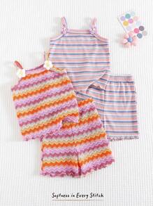 Cozy Pixies 4-Piece Set: Baby Girl Colorful Striped Knit Soft Camisole Top And Elastic Waist Shorts