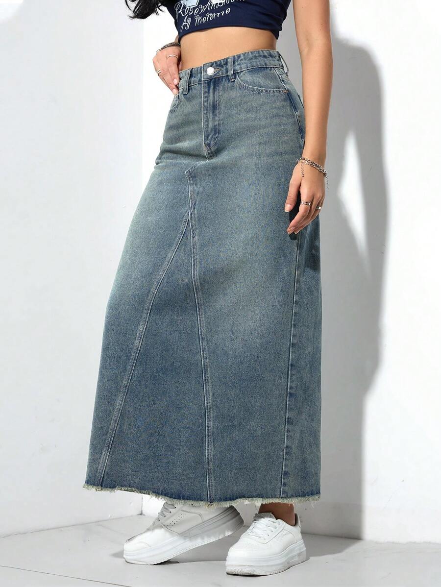 Jeanoix 休闲洗水高腰长款牛仔半身裙 - 深色水洗藍 - 查看 1