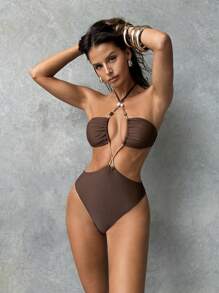 Aloruh Maillot de bain une pièce pour femmes, élégant et sexy de couleur unie marron chocolat avec 1 pièce décolleté en V profond et une décoration de perles, maillot de bain une pièce pour femmes pour fête/vacances, pour l'été et la plage - Tabac - Voir 5