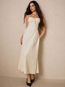 Poéselle Elegante abito lungo crema con scollo a cuore e dettagli arricciati - perfetto per eventi formali, matrimoni estivi e romantiche cene, abbigliamento da donna per San Valentino, abiti da donna gialli, abiti da donna pastello, abiti eleganti da donna, abiti da ballo da donna, abiti estivi da donna, abito da te, abito da laurea bianco - Albicocca - Visualizzare 4