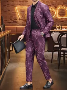 Manfinity AFTRDRK 男士华丽派对渐变仿金印花西装，不对称图案全印花，尖头翻领设计，前扣长袖，口袋简约上衣和长裤套装 - 酒紅色 - 查看 5