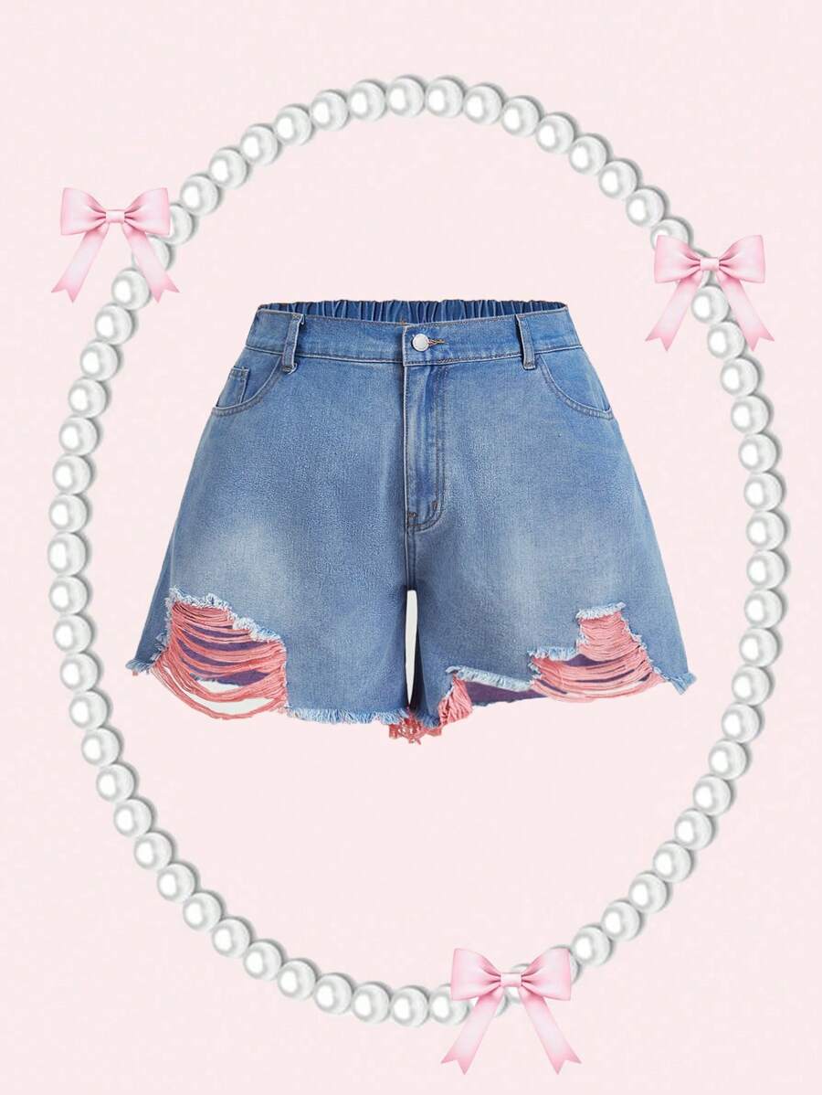 SHEIN MOD Plus Size Blue Denim Shorts Pink Ripped Denim Shorts Sweet Summer Shorts Elastic Waistband - Light Wash - View 1
