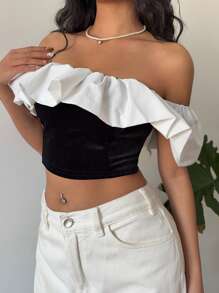 SHEIN EZwear Top corto elegante de mujer con hombros descubiertos, volantes y contraste de colores