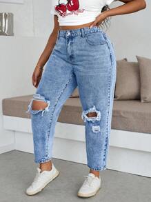 Dripcurv Plus Size Loose Fit Ripped Tapered 7/8 Length Jeans, Blue,Plus Size Tapered 7/8 Length Relaxed Fit Jeans Women High Waist Plicated Detail Roll Hem Pants S Casual Commuter Pants,Women's Plus Size Blue Jeans Elastic Waistband Overalls Summer Jeans Casual Street Wear, Summer / Summer Outfits / Summer Clothes