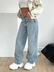 EURMUSE Women's High Waist Pockets Straight Loose Washed Casual Jeans - Medium Wash - View 6