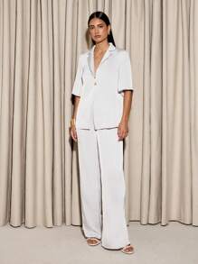 AiiRZ 奢华缎面协调套装宽腿阔腿商务专业个性纽扣西装外套长裤套装非常适合办公室婚礼宾客晚会场合穿着