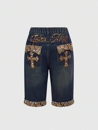 J-Fashion Pantalon déchiré en jean grande taille Y2K avec texte croisé en anglais