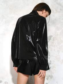 Chiquease Women's Glossy Fabric Tie Neck  Stylish Shiny Button Front Shirt With Necktie Lanttern Sleeve Blouse For Spring & Summer Fall Cloth For Women - Black - View 2