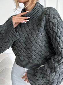 EURMUSE Turtleneck Batwing Sleeve Crop Jumper - Dark Grey - View 3