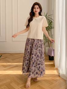 DAZY 2pcs/Set Women Floral Full Print Short Sleeve Top And Pleated Skirt