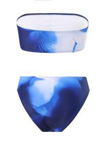 女士蓝色扎染印花性感修身抹胸比基尼套装，夏季海滩度假沙滩装套装 - 彩色 - 查看 6